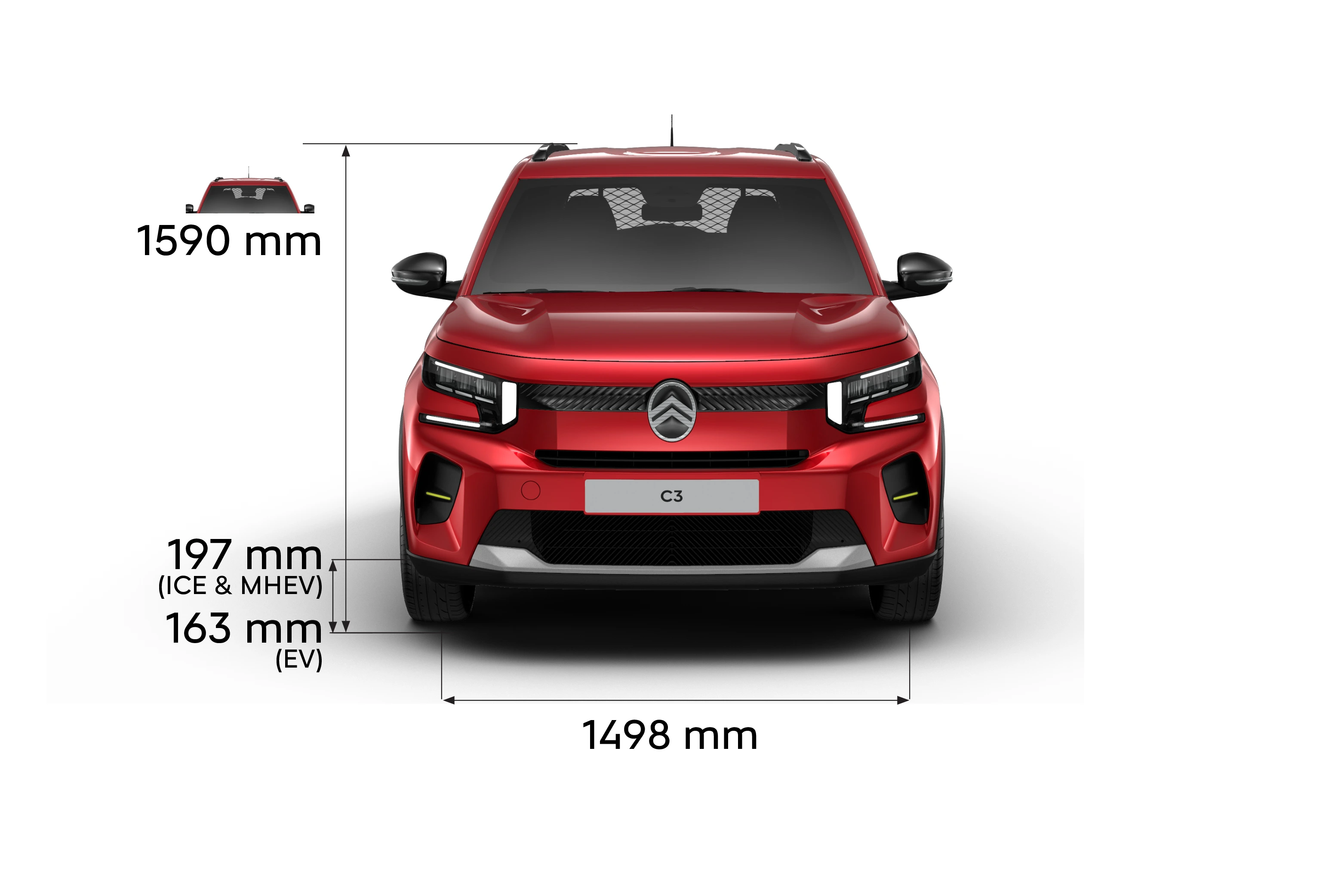 Vue de face de l’ë-C3 Van avec indications de dimensions, mettant en évidence la hauteur du véhicule, sa largeur et sa garde au sol.