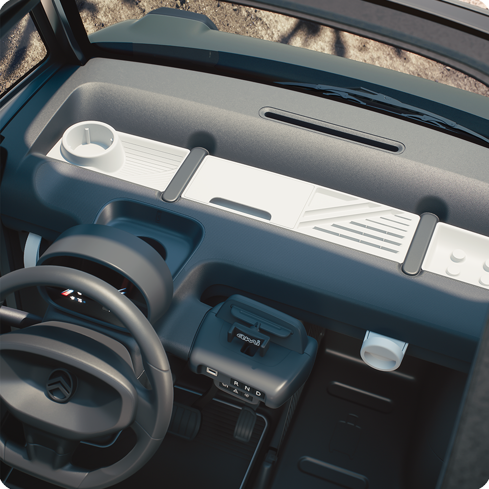 Vue intérieure en plongée de l’habitacle de Citroën Ami Outdoor avec toit ouvert présentant un véhicule urbain électrique axé sur une mobilité simple