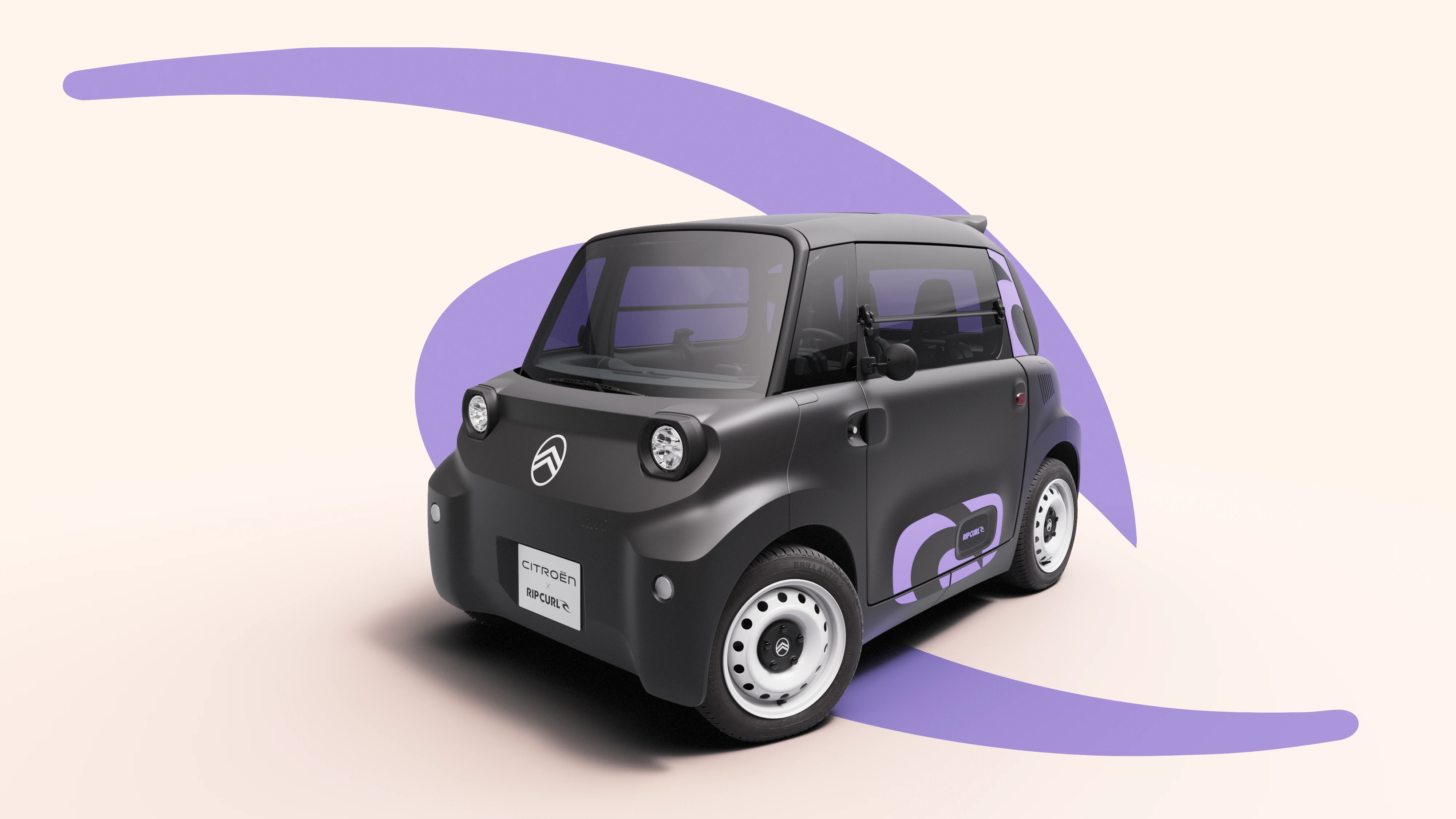 Vue trois‑quarts avant de la Citroën Ami x Rip Curl électrique sans permis, Citroën Ami compacte pour une voiture électrique urbaine