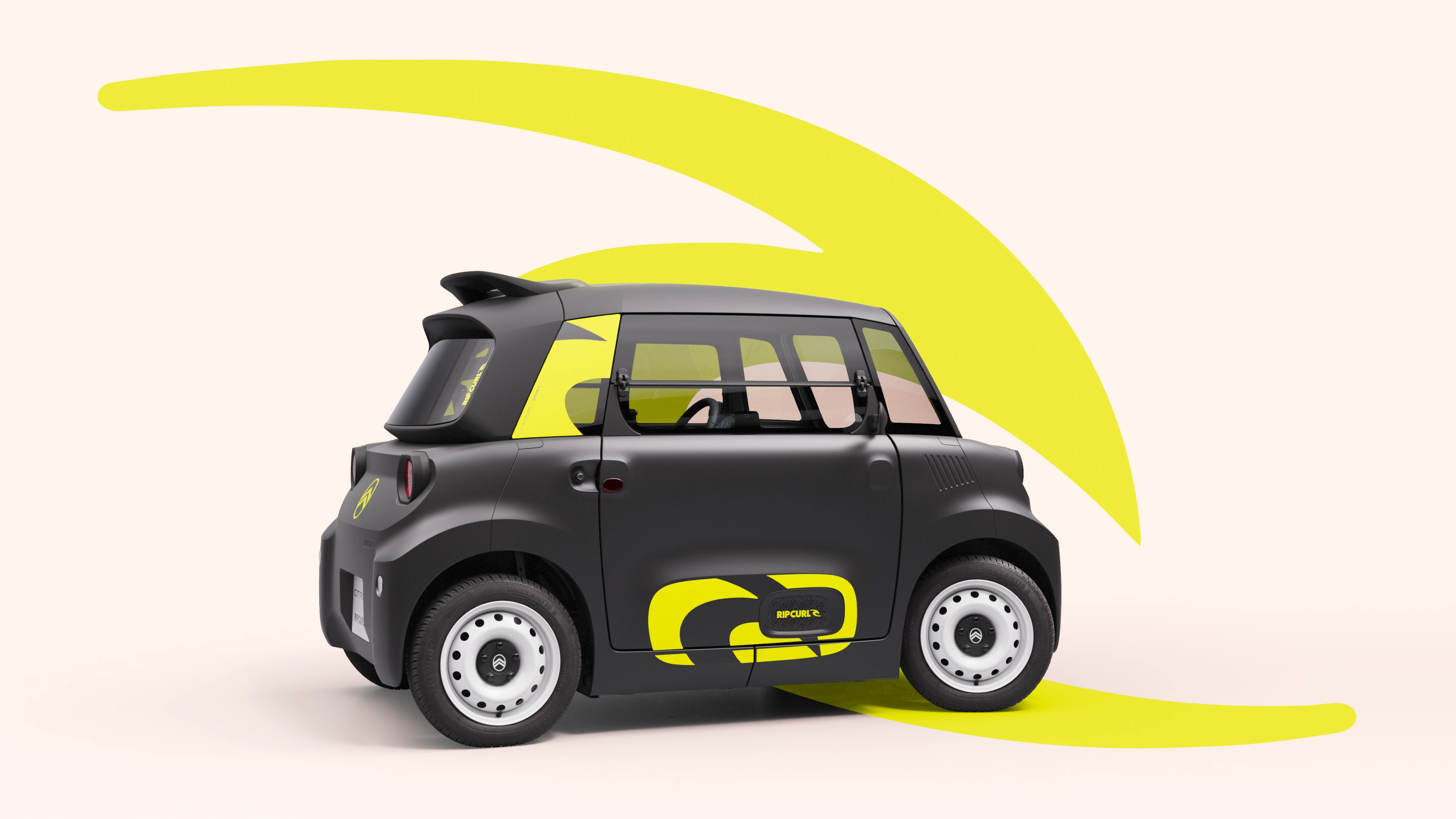 Vue latérale de la Citroën Ami x Rip Curl électrique sans permis, Citroën Ami compacte pour une mobilité électrique urbaine