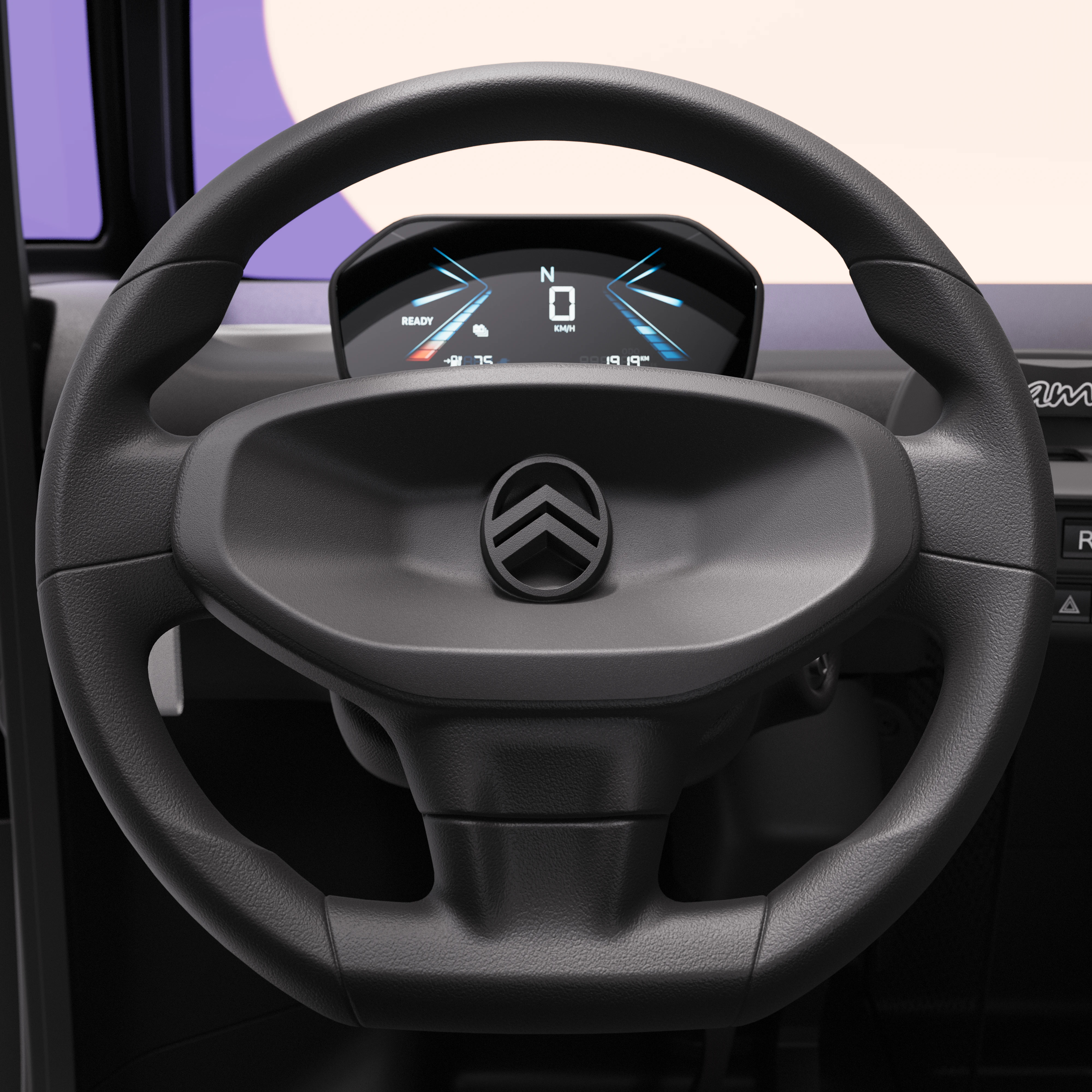 Gros plan sur le volant de la Citroën Ami x Rip Curl électrique sans permis, cockpit de la Citroën Ami pour une voiture électrique urbaine