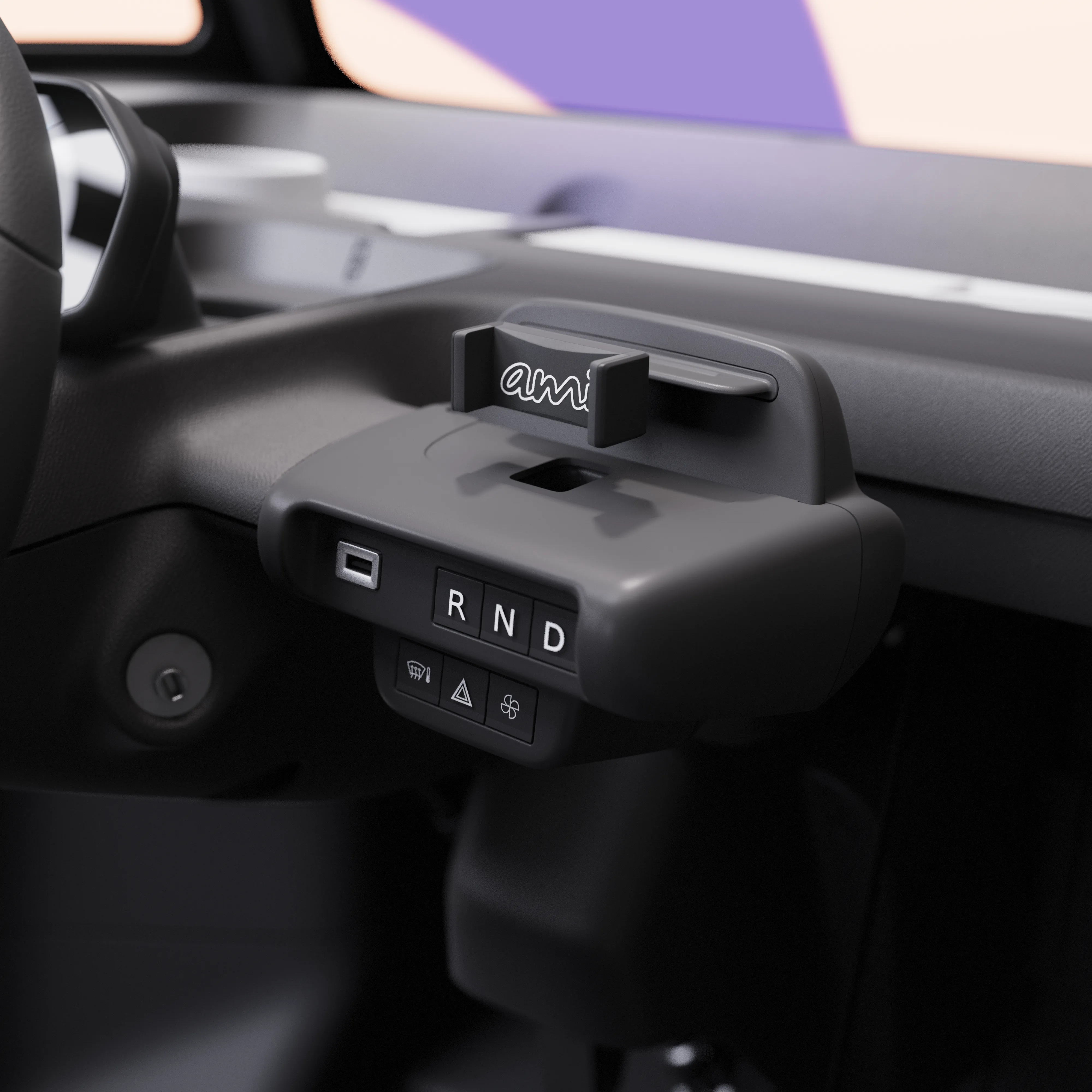 Gros plan sur la console centrale de la Citroën Ami x Rip Curl électrique sans permis, commandes simples de la Citroën Ami pour une voiture électrique urbaine