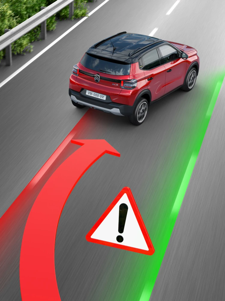 Vue arrière du SUV électrique Citroën ë-C3 montrant l’assistance au maintien de voie pour une mobilité quotidienne plus sûre, confiante et abordable.