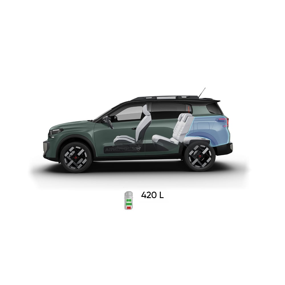 Multi‑angle view of Citroën ë‑C3 Aircross electric SUV showing full exterior dimensions and interior volumes for practical, affordable mobility.