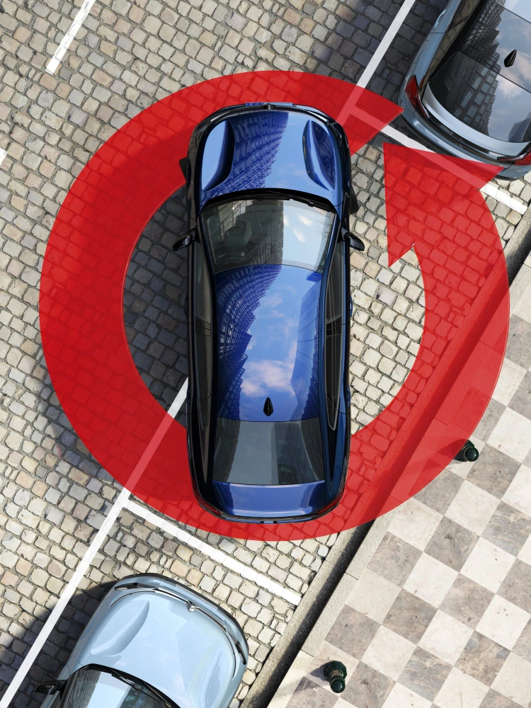 Vue aérienne de la Citroën ë-C4 X avec caméra à 360° montrant tout le cadre pour faciliter les manœuvres
