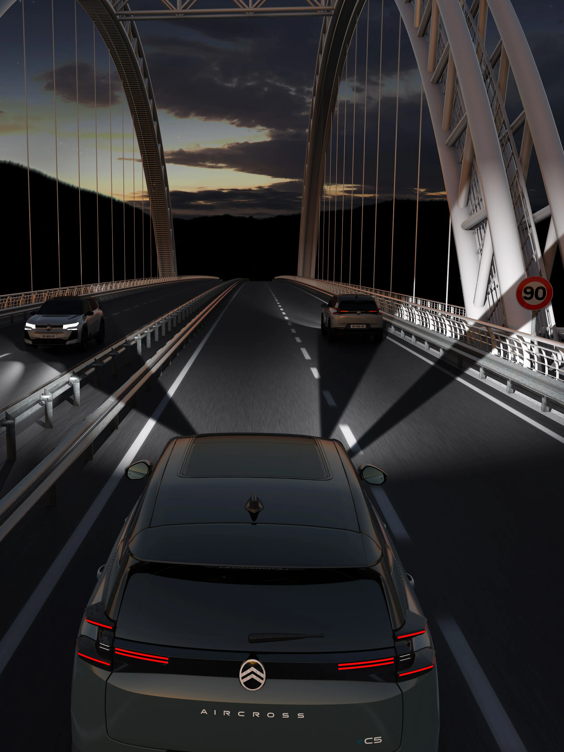 Vue arrière C5 Aircross mettant en valeur phares LED matrices, visibilité, sécurité et technologie pour une conduite nocturne paisible
