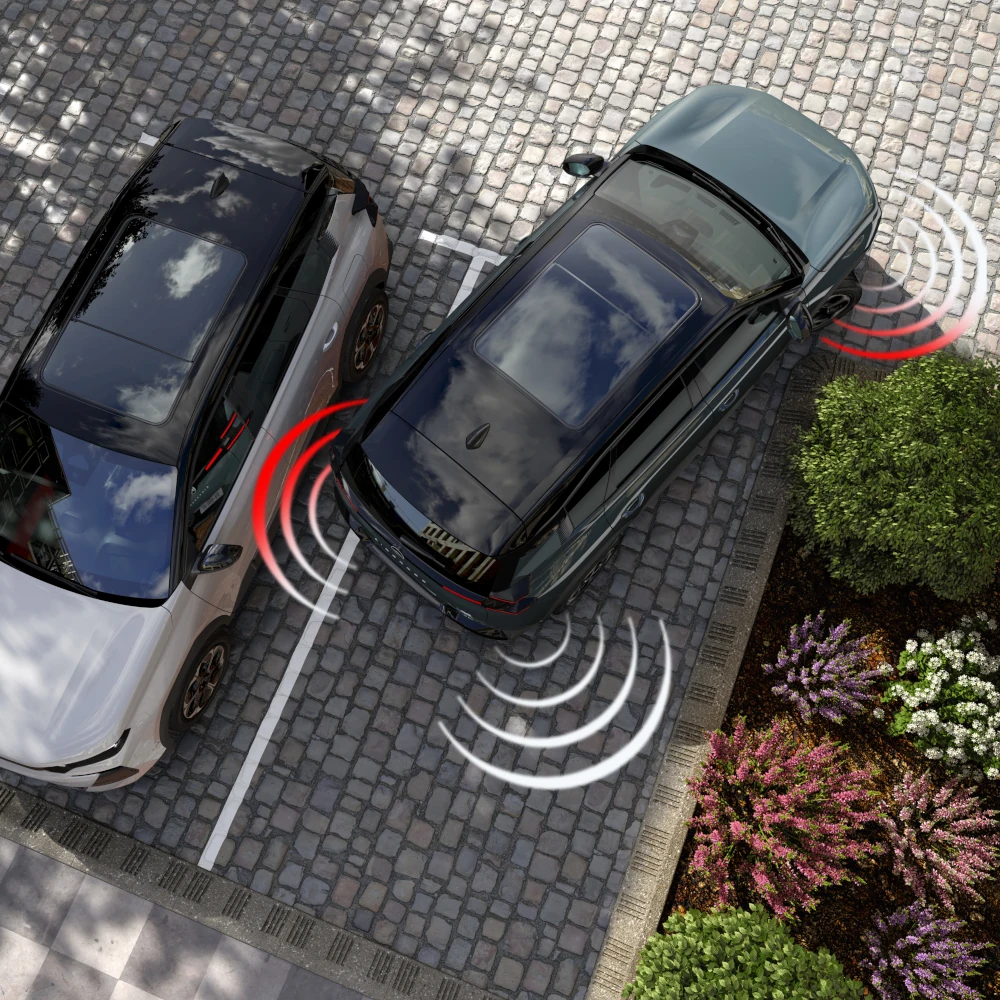 C5 Aircross vue de dessus avec capteurs avant et arrière améliorant la visibilité, la sécurité, la technologie et la confiance en manœuvre premium