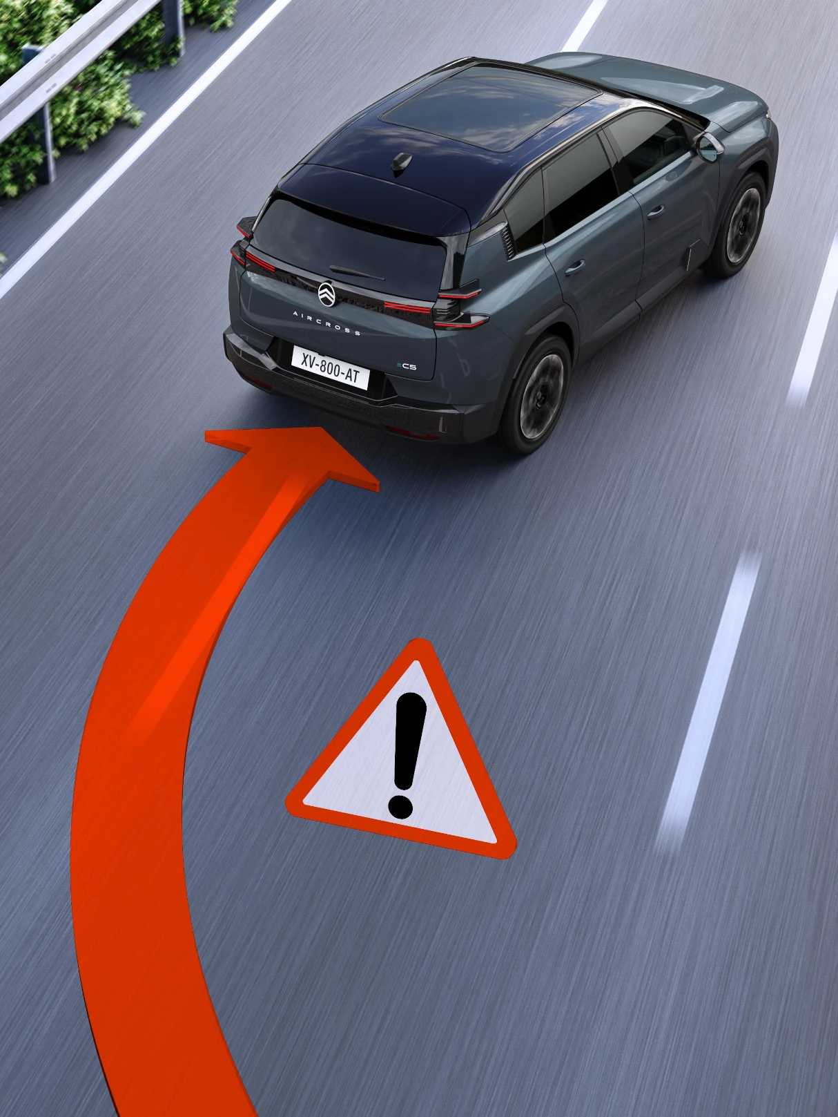 C5 Aircross à vue arrière à trois quarts avec alerte de sortie de voie, améliorant la sécurité, la visibilité, l’efficacité et un maintien de voie assuré