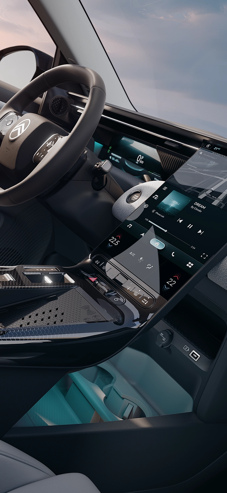 Détail du poste de conduite du Citroën C5 Aircross Emeraude montrant l’écran Citroën Waterfall avec navigation 3D et connectivité, confort connecté d’un SUV familial