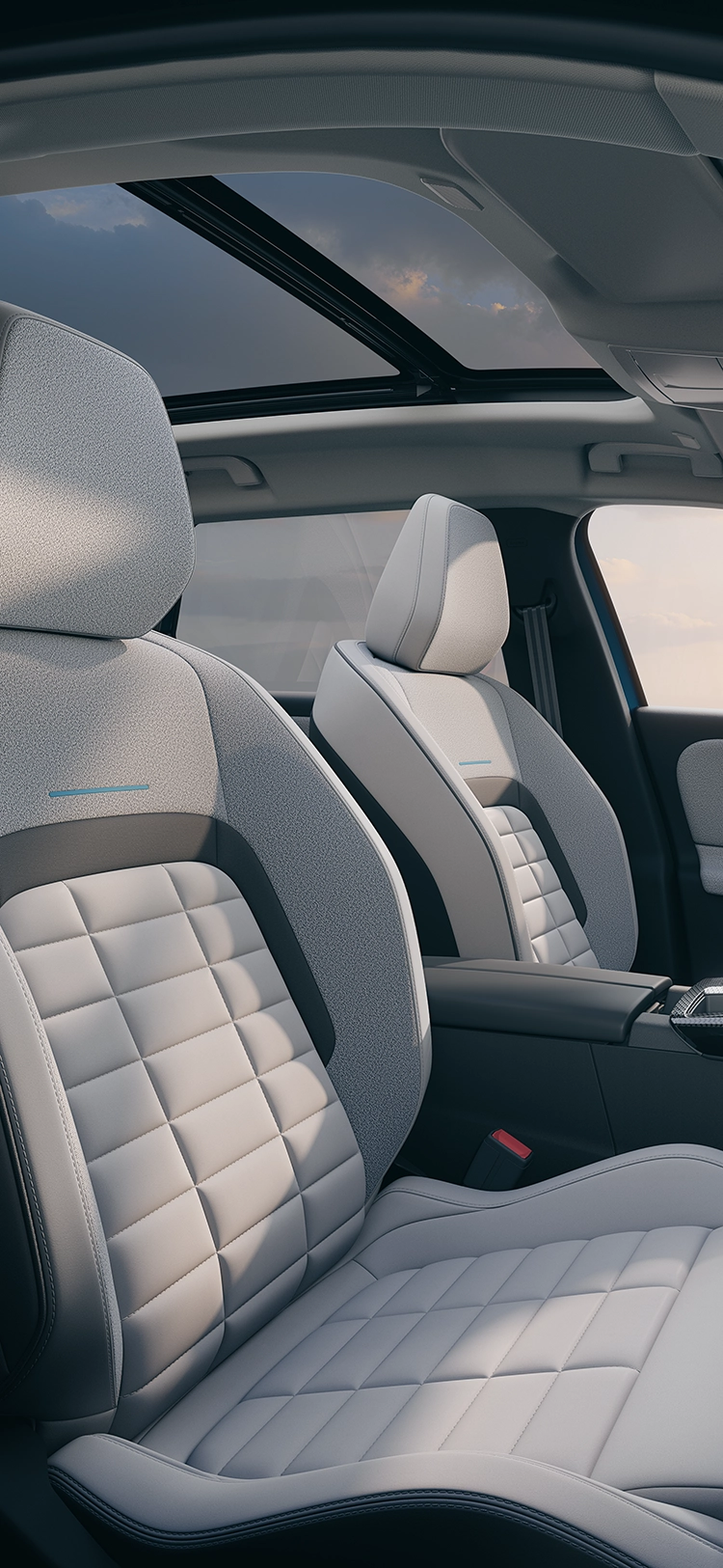 Vue latérale de l’intérieur du Citroën C5 Aircross Emeraude montrant les sièges Citroën Advanced Comfort et la modularité d’un SUV familial spacieux