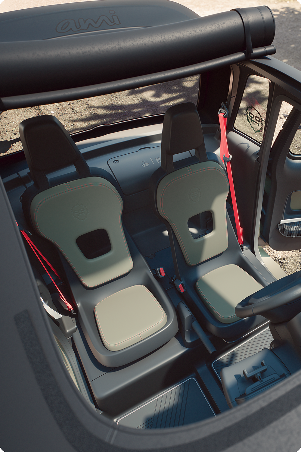 Vue intérieure en plongée de Citroën Ami Outdoor, avec un habitacle compact, électrique et accessible et des sièges innovants pour les déplacements quotidiens