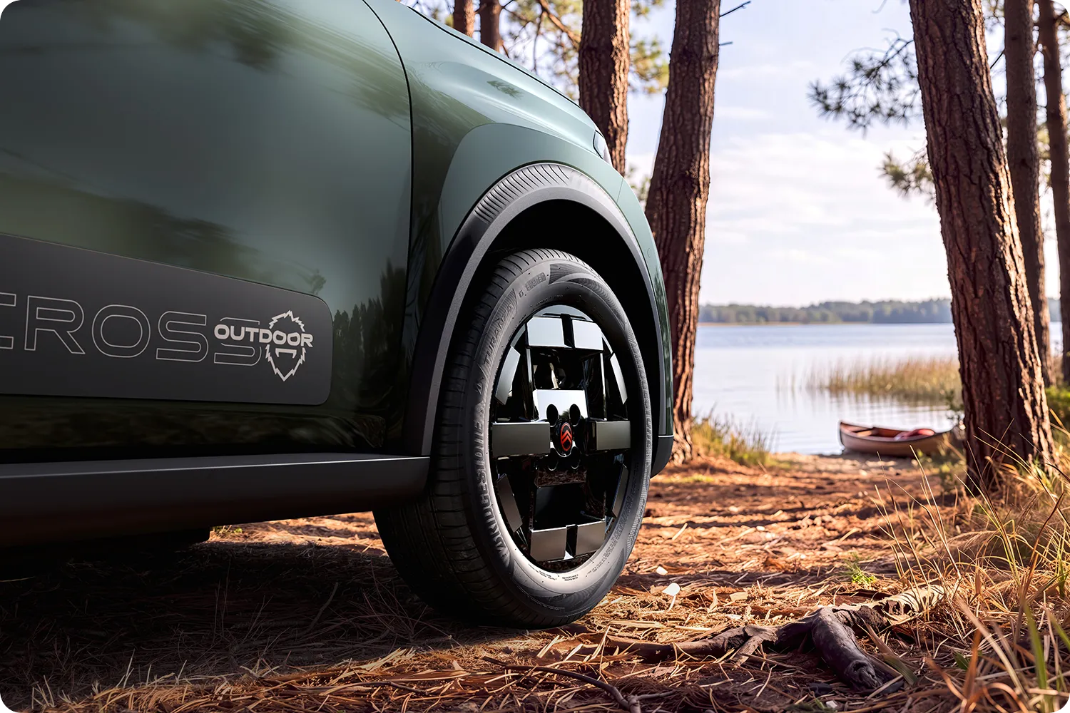 Gros plan sur la roue de Citroën C3 Outdoor, au design compact, électrique et accessible et au style innovant pour l’exploration en plein air